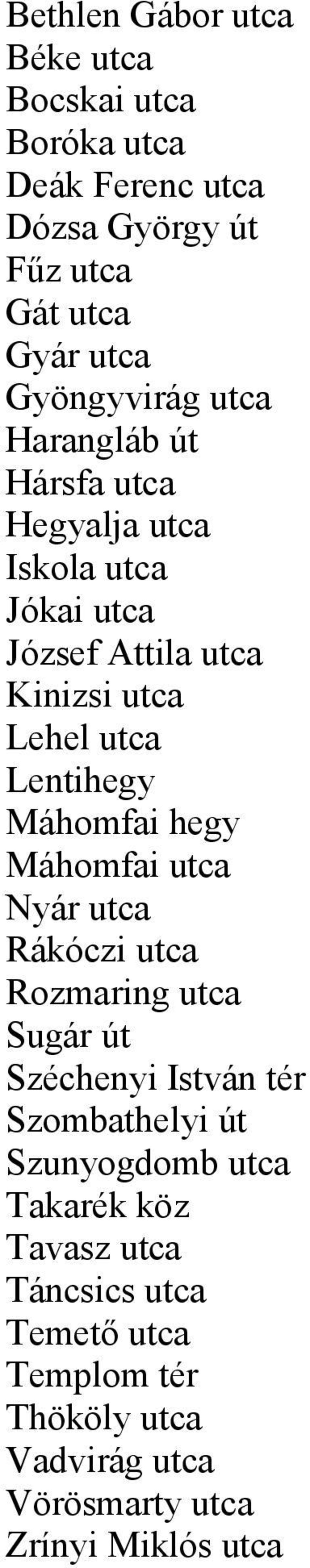 Lentihegy Máhomfai hegy Máhomfai utca Nyár utca Rákóczi utca Rozmaring utca Sugár út Széchenyi István tér Szombathelyi út