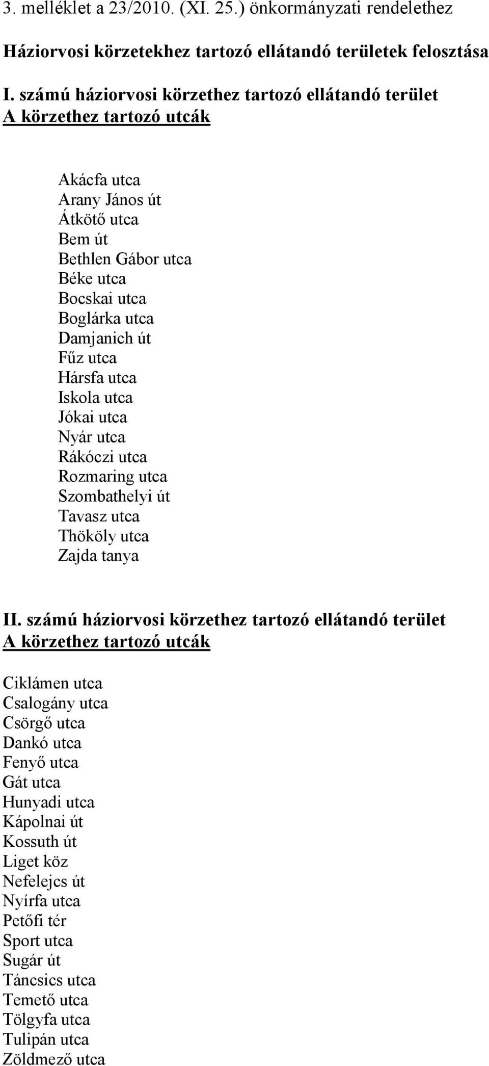 Fűz utca Hársfa utca Iskola utca Jókai utca Nyár utca Rákóczi utca Rozmaring utca Szombathelyi út Tavasz utca Thököly utca Zajda tanya II.