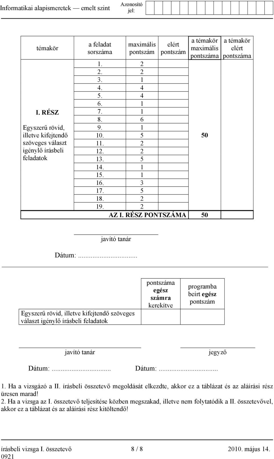 .. Egyszerű rövid, illetve kifejtendő szöveges választ igénylő írásbeli feladatok pontszáma egész számra kerekítve programba beírt egész pontszám javító tanár jegyző Dátum:... Dátum:... 1.