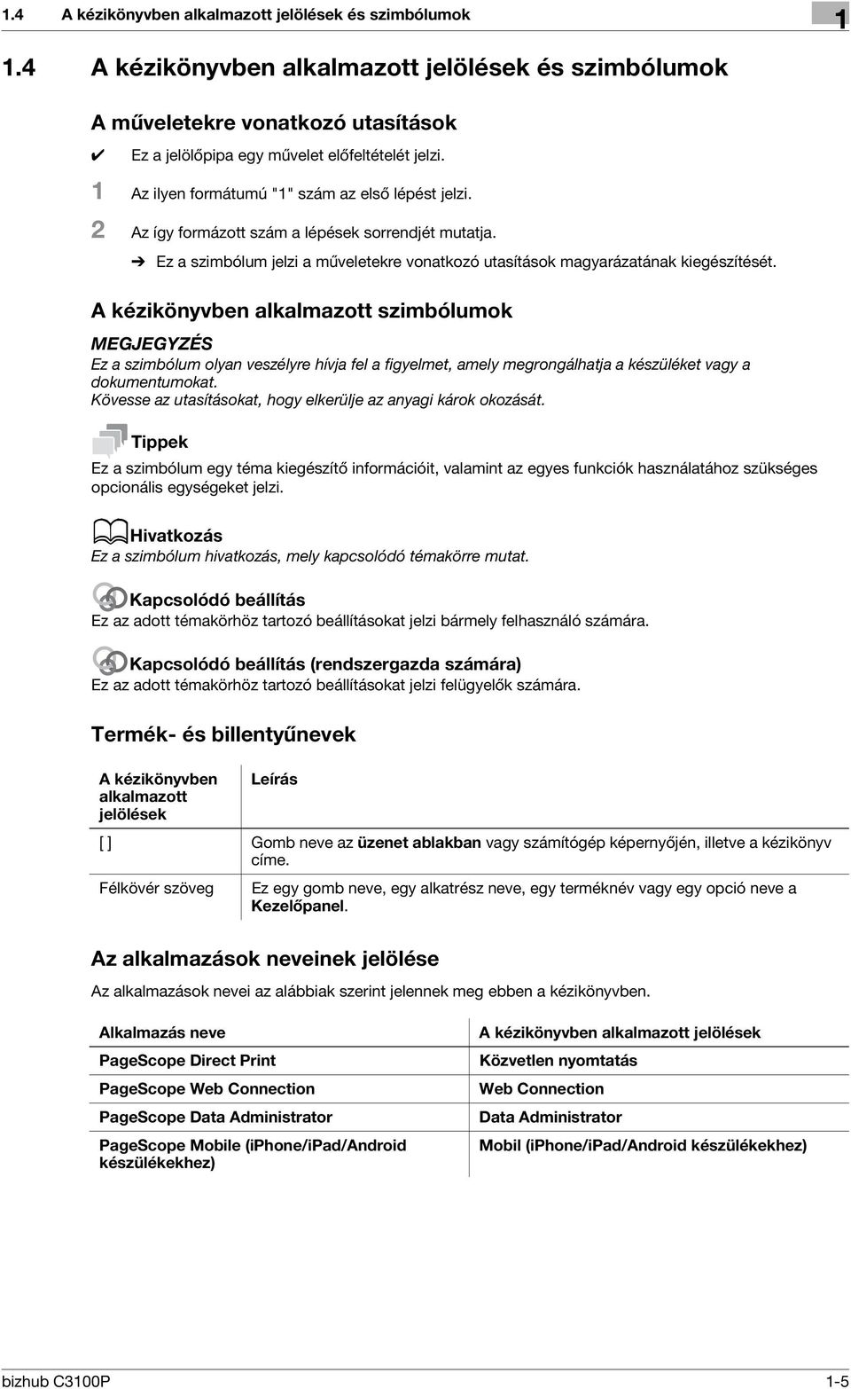 A kézikönyvben alkalmazott szimbólumok MEGJEGYZÉS Ez a szimbólum olyan veszélyre hívja fel a figyelmet, amely megrongálhatja a készüléket vagy a dokumentumokat.