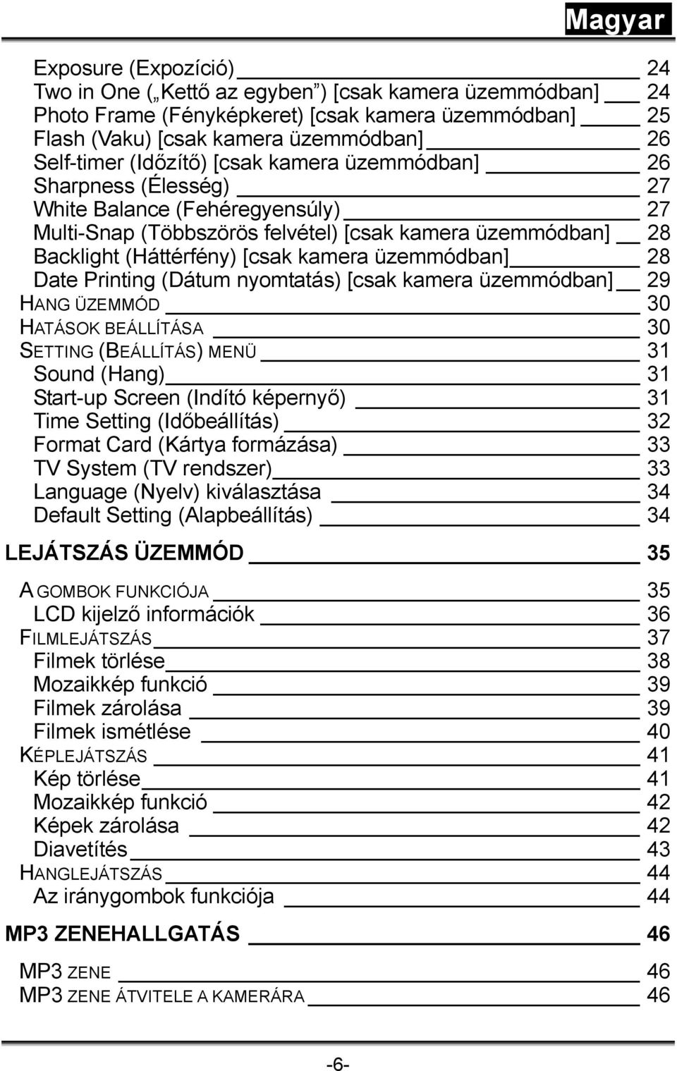 Date Printing (Dátum nyomtatás) [csak kamera üzemmódban] 29 HANG ÜZEMMÓD 30 HATÁSOK BEÁLLÍTÁSA 30 SETTING (BEÁLLÍTÁS) MENÜ 31 Sound (Hang) 31 Start-up Screen (Indító képernyő) 31 Time Setting