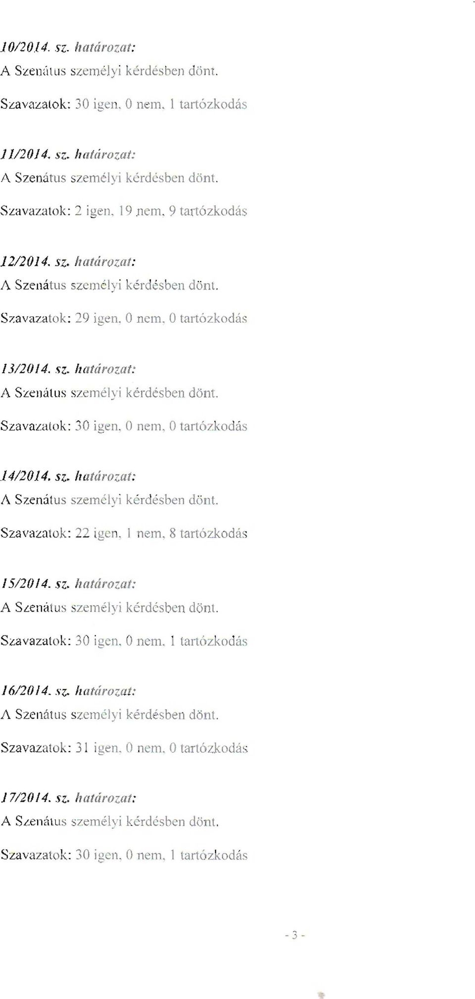 Szavazatok : 30 igen. O nem. Otartózkodás.I412014. sz. tiut ározat: A Szenatus személyi kérdésben dönt. Szavazatok: 22 igen. I nem. 8 tartózkodás /5/20/4. sz. határozat: A Szenatus szem élyi kérdésben dönt.