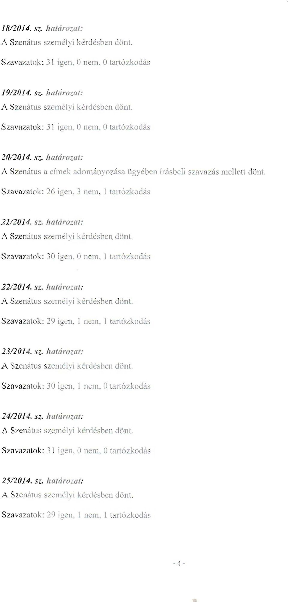 Szavazatok: 3Oigen. Onem. l tart ózko ás 22/2014. sz. határozat: A Szenátus szcmé lyi kérdésben önt. Szavazatok : 29 igen. l nem. l tartózkodás 2312014. sz. határozat: A Szenatus szcrn élyi kérd ésben dönt.