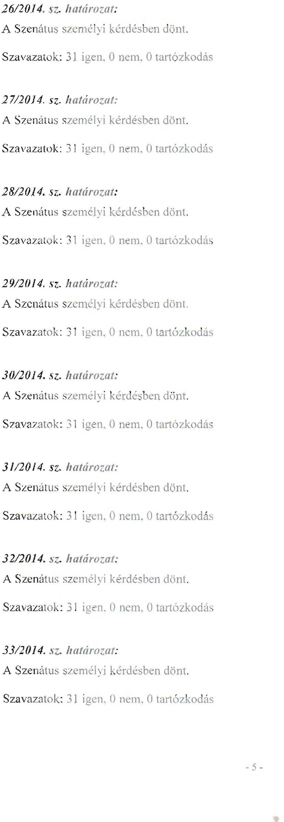 O nem. Otartoz 'o ús 30/2014. SZ. határozat: A Szenatus szem élyi 'ér és en dönt. Szavazatok: 31 igen. O nem. Otartózkodás 3//2014. sz. határozat: A Szenatus szem élyi ké rdésben dönt.