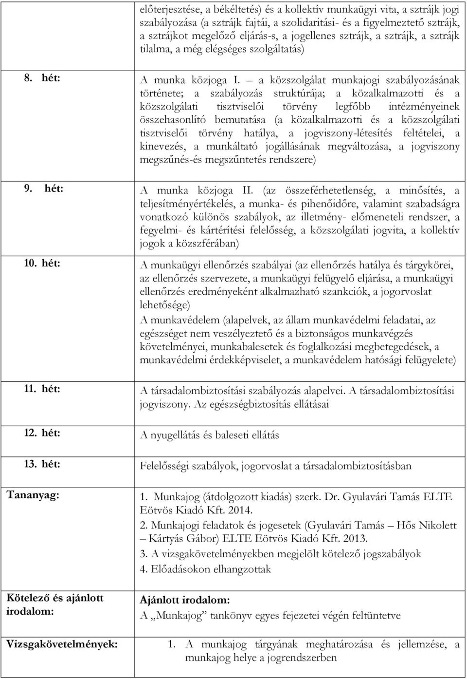 a közszolgálat munkajogi szabályozásának története; a szabályozás struktúrája; a közalkalmazotti és a közszolgálati tisztviselői törvény legfőbb intézményeinek összehasonlító bemutatása (a