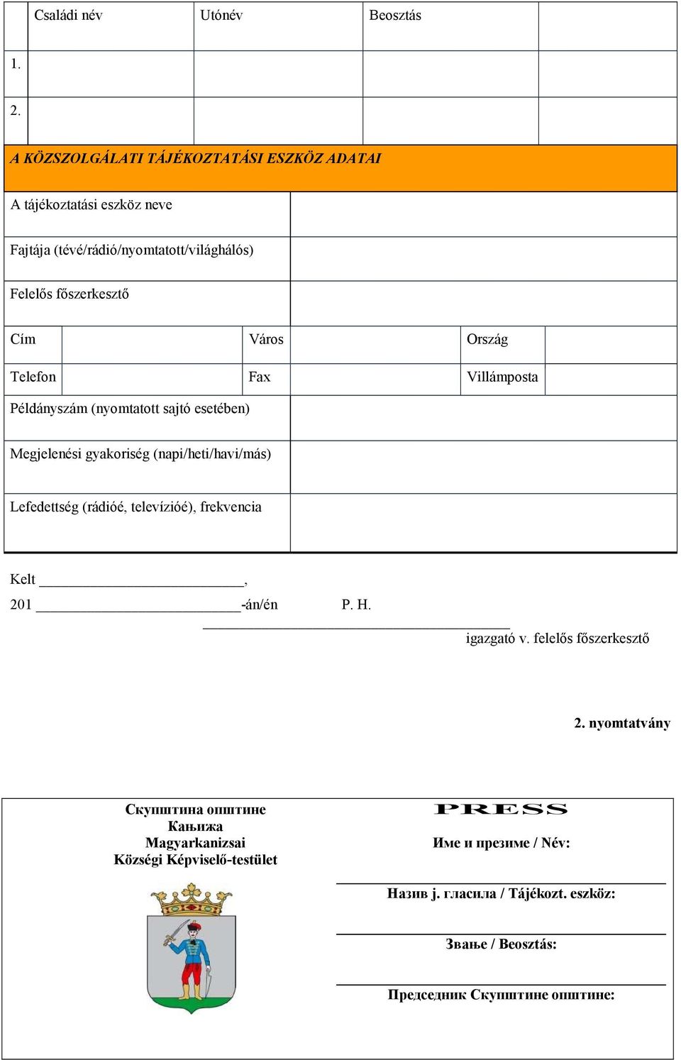 Ország Telefon Fax Villámposta Példányszám (nyomtatott sajtó esetében) Megjelenési gyakoriség (napi/heti/havi/más) Lefedettség (rádióé,
