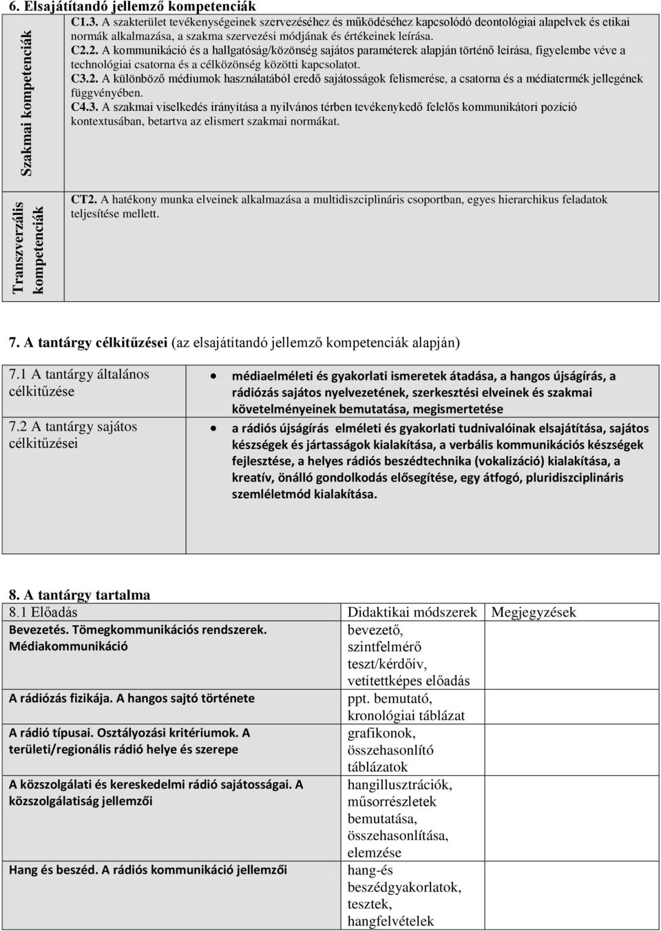 2. A kommunikáció és a hallgatóság/közönség sajátos paraméterek alapján történő leírása, figyelembe véve a technológiai csatorna és a célközönség közötti kapcsolatot. C3.2. A különböző médiumok használatából eredő sajátosságok felismerése, a csatorna és a médiatermék jellegének függvényében.