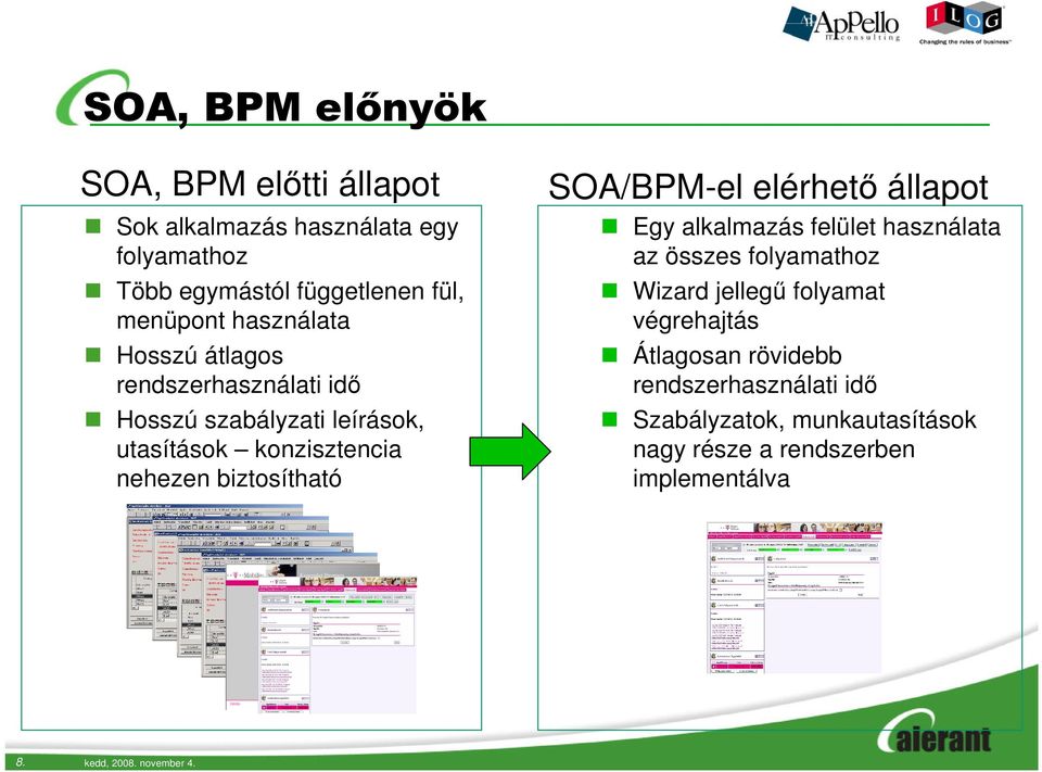 SOA/BPM-el elérhető állapot Egy alkalmazás felület használata az összes folyamathoz Wizard jellegű folyamat végrehajtás