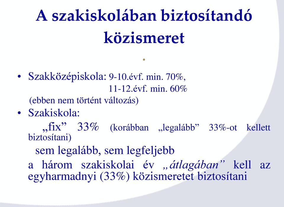 60% (ebben nem történt változás) Szakiskola: fix 33% (korábban legalább