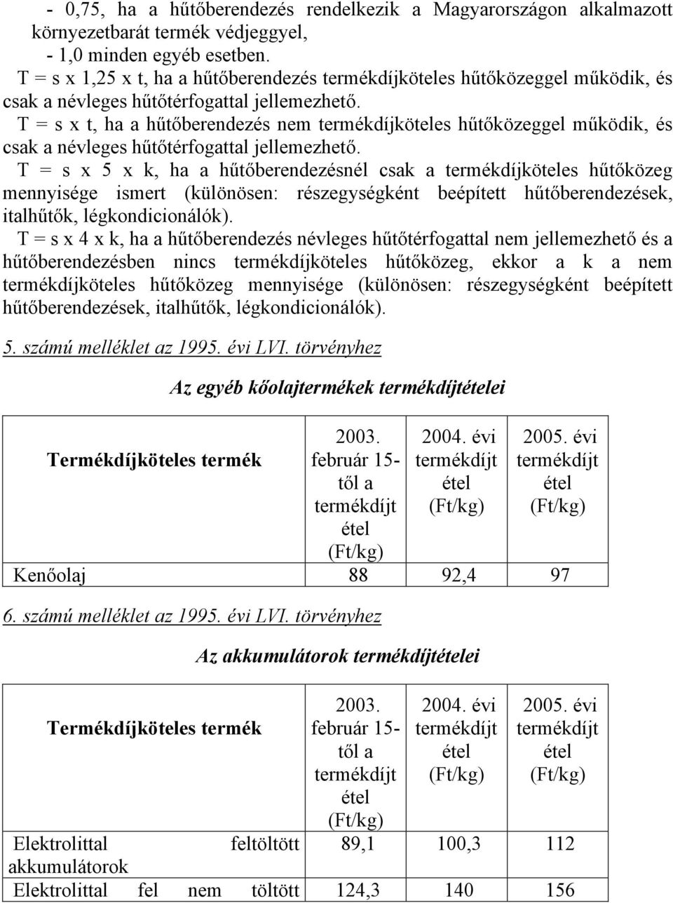 T = s x t, ha a hűtőberendezés nem termékdíjköteles hűtőközeggel működik, és csak a névleges hűtőtérfogattal jellemezhető.