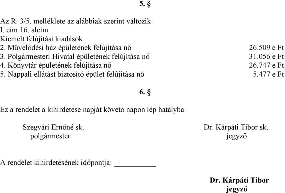 Könyvtár épületének felújítása nő 26.747 e Ft 5. Nappali ellátást biztosító épület felújítása nő 5.477 e Ft 6.