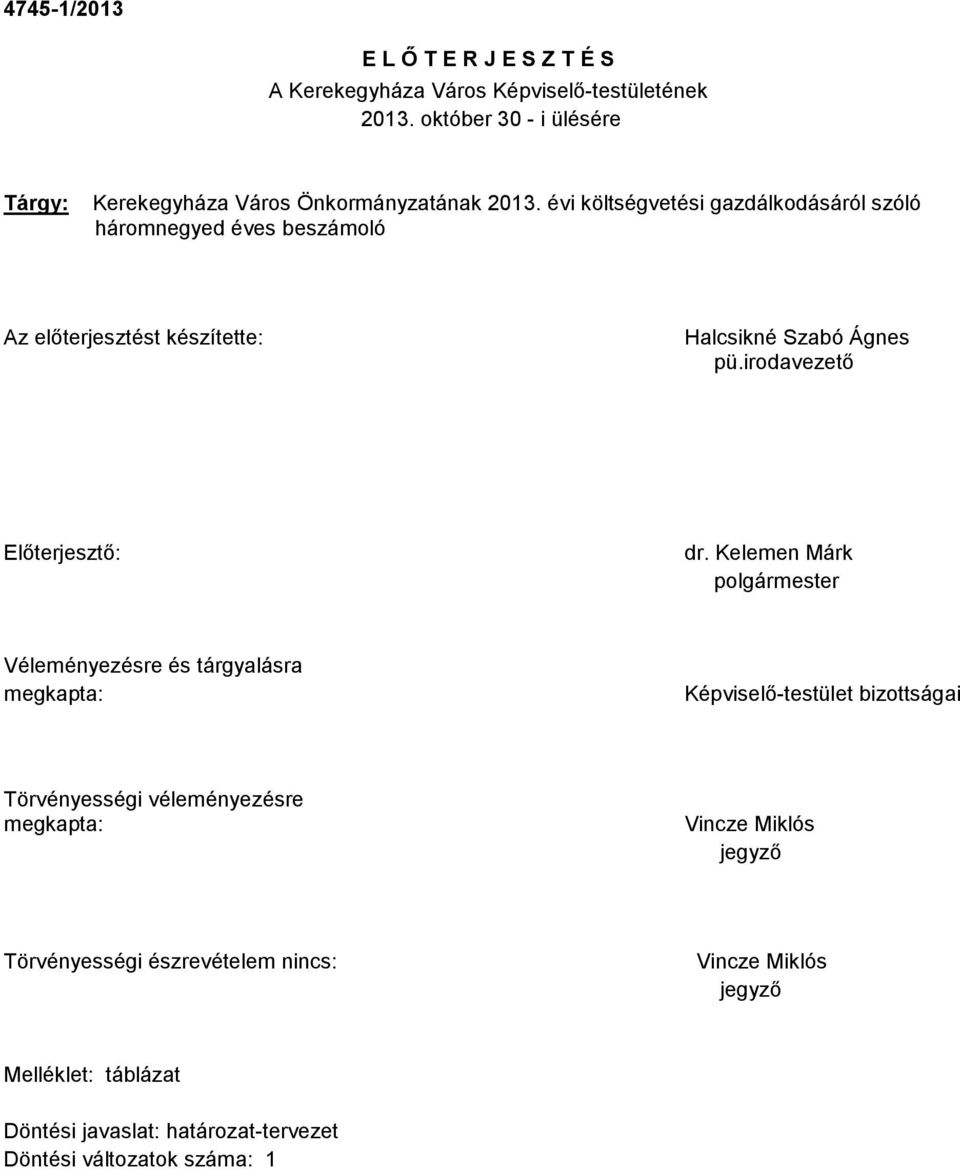 évi költségvetési gazdálkodásáról szóló háromnegyed éves beszámoló Az előterjesztést készítette: Halcsikné Szabó Ágnes pü.irodavezető Előterjesztő: dr.