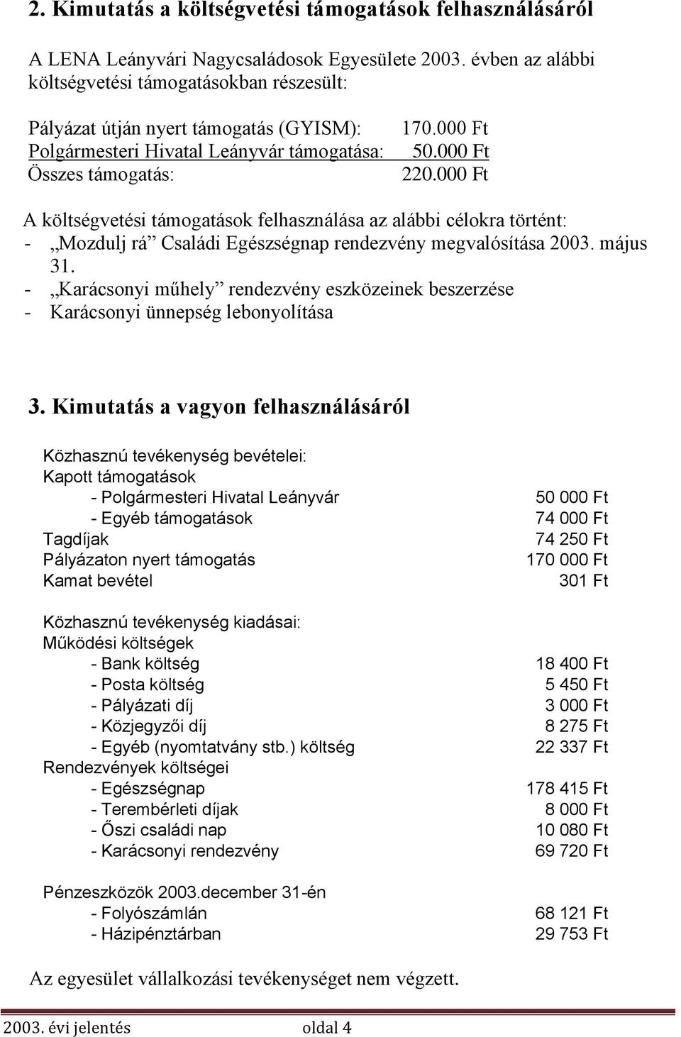 000 Ft A költségvetési támogatások felhasználása az alábbi célokra történt: - Mozdulj rá Családi Egészségnap rendezvény megvalósítása 2003. május 31.