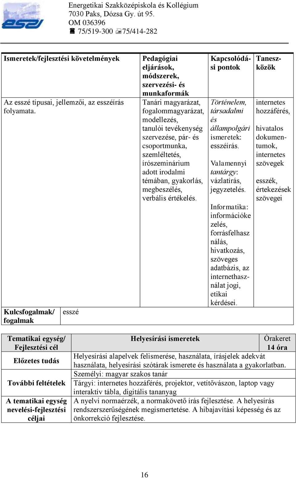 írószeminárium adott irodalmi témában, gyakorlás, megbeszélés, verbális értékelés. Kapcsolódási pontok Történelem, társadalmi és állampolgári ismeretek: esszéírás.