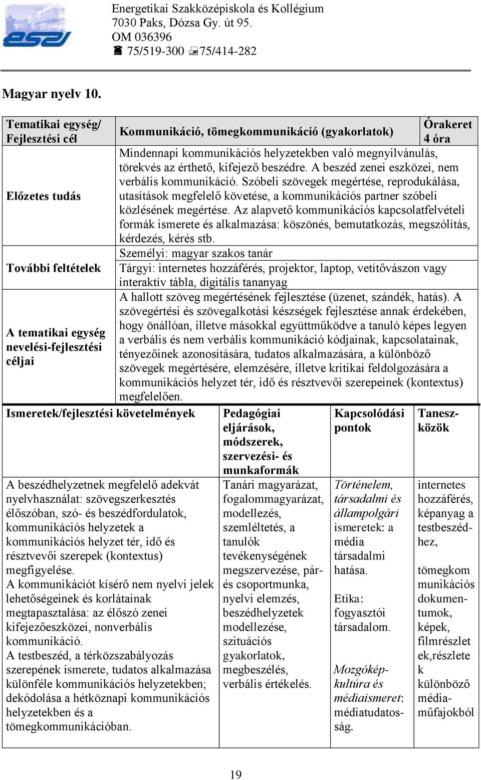 idő és résztvevői szerepek (kontextus) megfigyelése. A kommunikációt kísérő nem nyelvi jelek lehetőségeinek és korlátainak megtapasztalása: az élőszó zenei kifejezőeszközei, nonverbális kommunikáció.