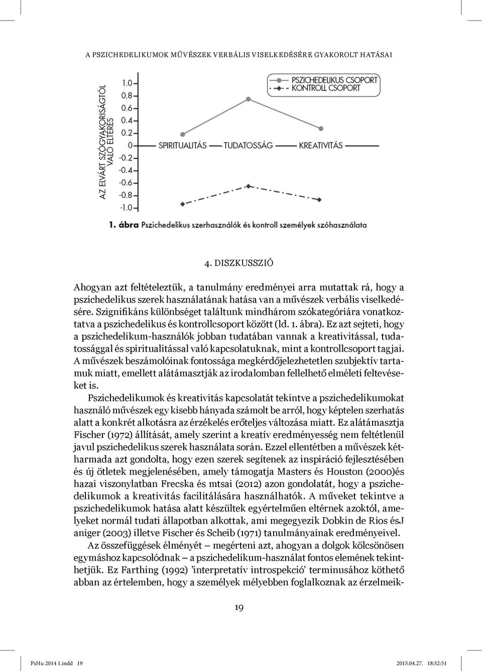 Szignifikáns különbséget találtunk mindhárom szókategóriára vonatkoztatva a pszichedelikus és kontrollcsoport között (ld. 1. ábra).