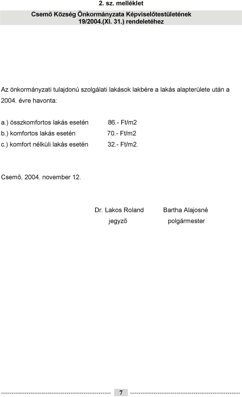 ) összkomfortos lakás esetén b.) komfortos lakás esetén c.) komfort nélküli lakás esetén 86.- Ft/m2 70.- Ft/m2 32.- Ft/m2. Csemő, 2004.