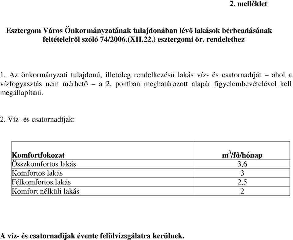 Az önkormányzati tulajdonú, illetıleg rendelkezéső lakás víz- és csatornadíját ahol a vízfogyasztás nem mérhetı a 2.