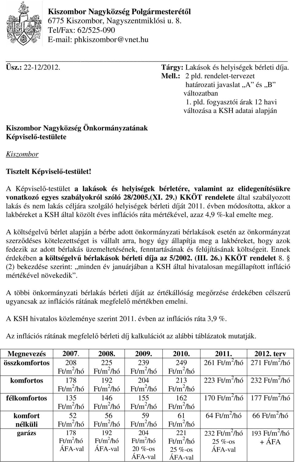 fogyasztói árak 12 havi változása a KSH adatai alapján Kiszombor Nagyközség Önkormányzatának Képviselı-testülete Kiszombor Tisztelt Képviselı-testület!