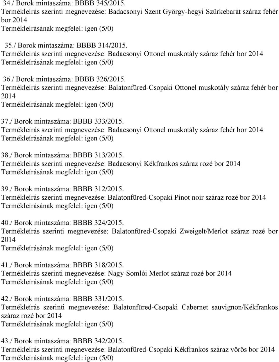 Termékleírás szerinti megnevezése: Balatonfüred-Csopaki Ottonel muskotály száraz fehér bor 2014 37./ Borok mintaszáma: BBBB 333/2015.