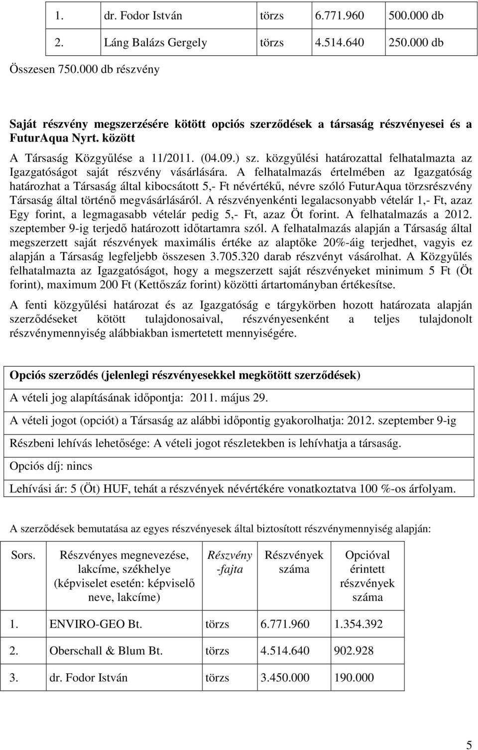 közgyűlési határozattal felhatalmazta az Igazgatóságot saját részvény vásárlására.