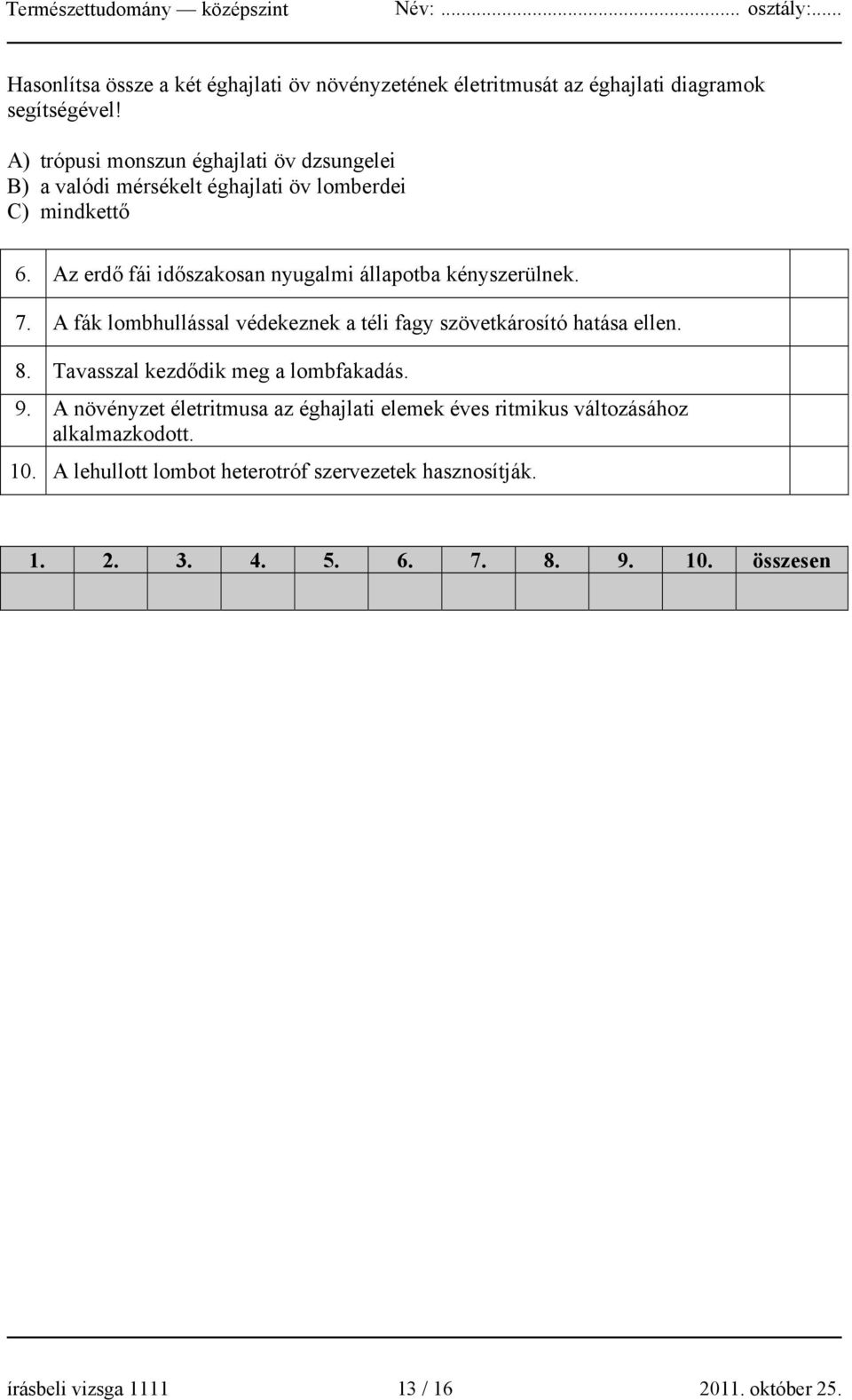 Az erdő fái időszakosan nyugalmi állapotba kényszerülnek. 7. A fák lombhullással védekeznek a téli fagy szövetkárosító hatása ellen. 8.