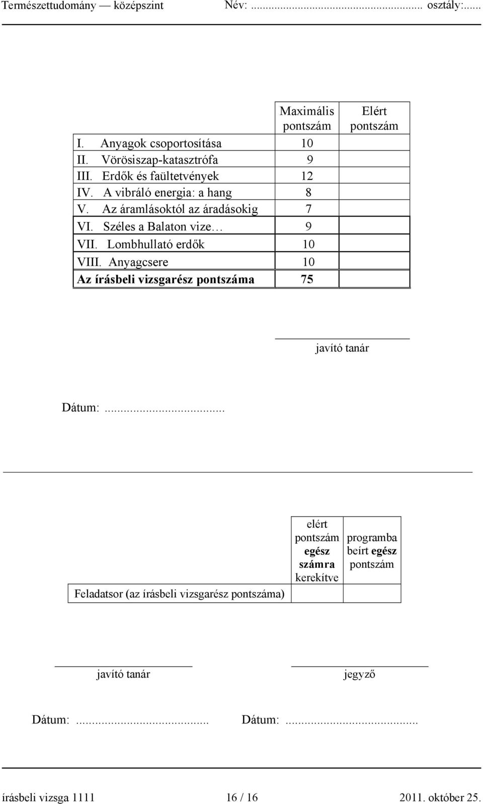 Anyagcsere 10 Az írásbeli vizsgarész pontszáma 75 Elért pontszám javító tanár Dátum:.