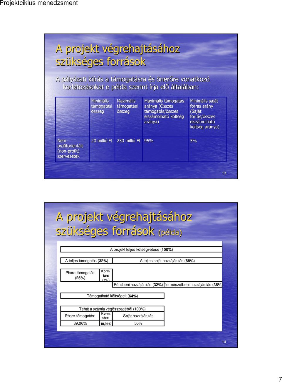 s/összes sszes elszámolhat molható költség g aránya) Nem profitorientált (non-profit) szervezetek 20 millió Ft 230 millió Ft 95% 5% 13 A projekt végrehajtv grehajtásához hoz szüks kséges források