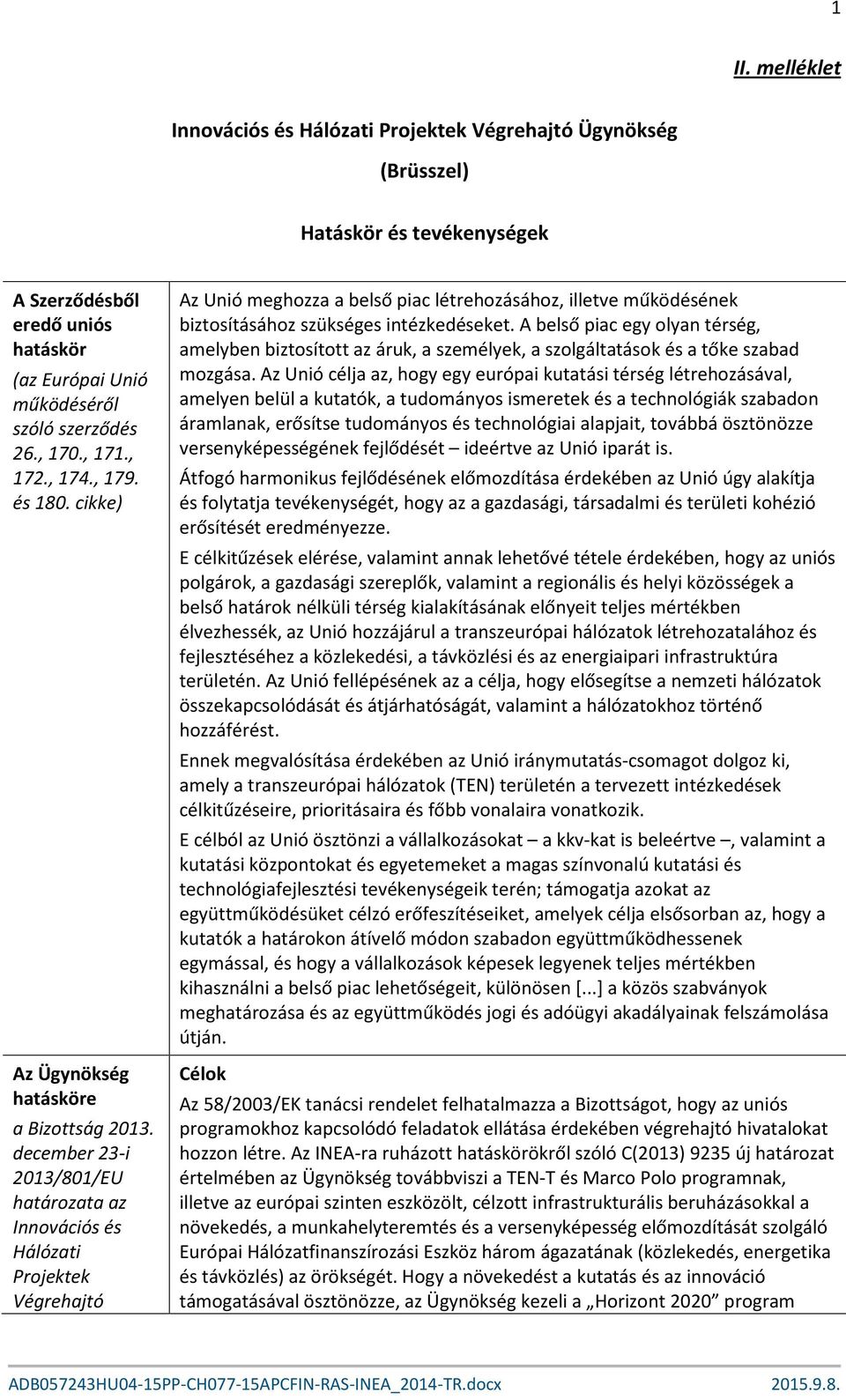 december 23-i 2013/801/EU határozata az Innovációs és Hálózati Projektek Végrehajtó Az Unió meghozza a belső piac létrehozásához, illetve működésének biztosításához szükséges intézkedéseket.