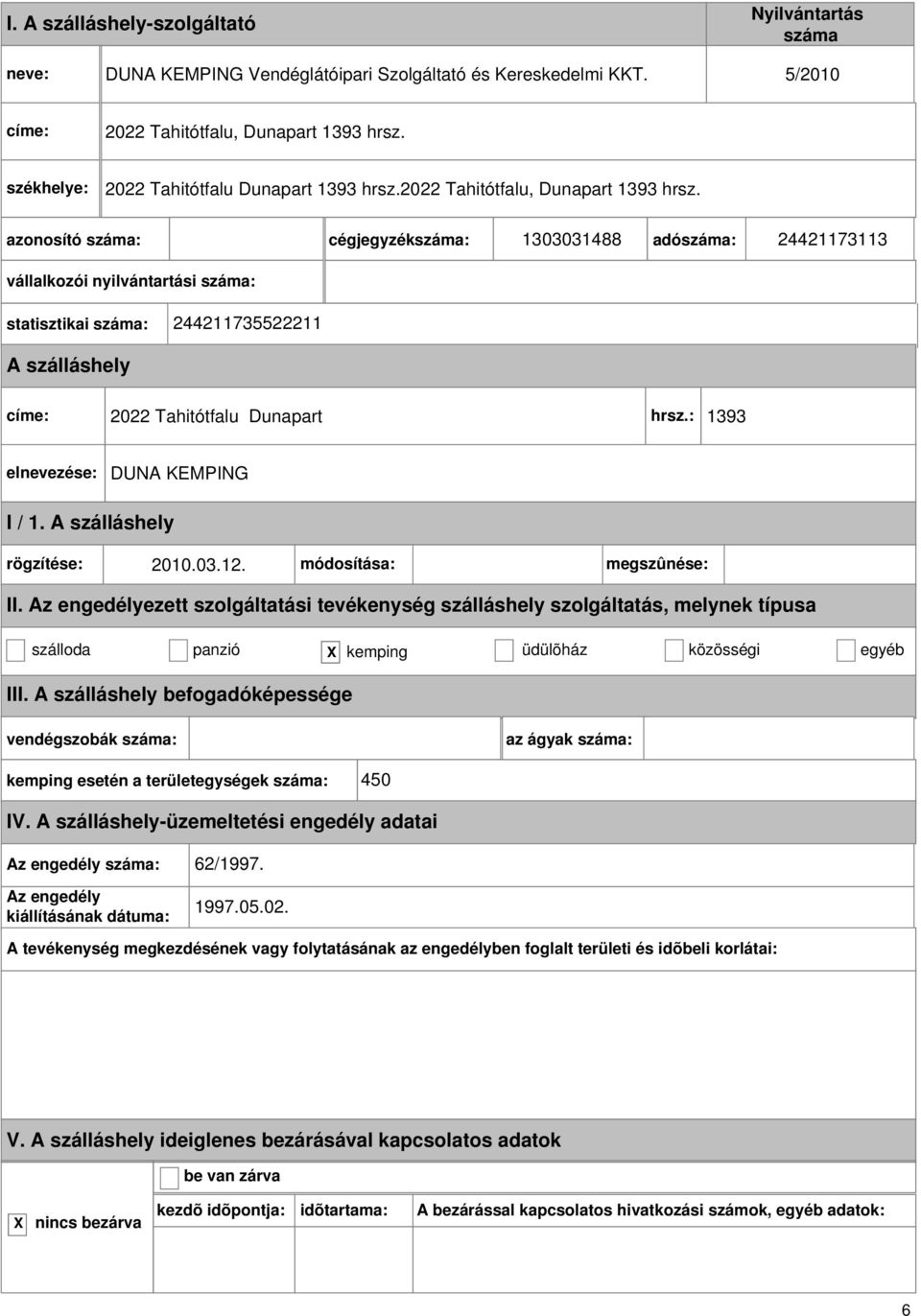 cégjegyzék: 1303031488 adó: 24421173113 statisztikai : 244211735522211 2022 Tahitótfalu Dunapart hrsz.: 1393 DUNA KEMPING rögzítése: 2010.03.12.