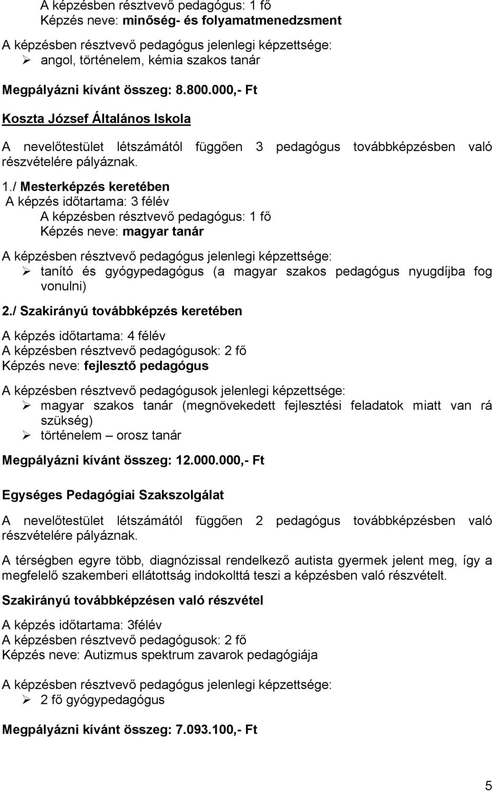 / Mesterképzés keretében A képzés időtartama: 3 félév A képzésben résztvevő pedagógus: 1 fő Képzés neve: magyar tanár tanító és gyógypedagógus (a magyar szakos pedagógus nyugdíjba fog vonulni) 2.