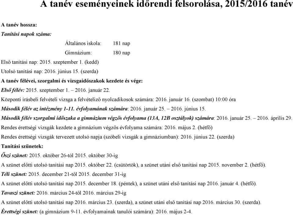 Központi írásbeli felvételi vizsga a felvételiző nyolcadikosok számára: 2016. január 16. (szombat) 10:00 óra Második félév az intézmény 1-11. évfolyamának számára: 2016. január 25. 2016. június 15.