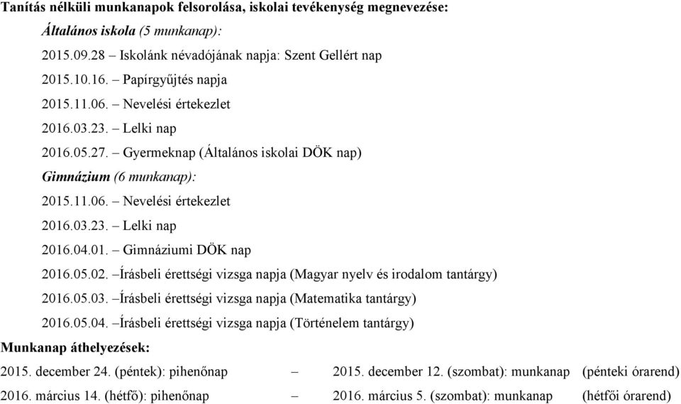 Írásbeli érettségi vizsga napja (Magyar nyelv és irodalom tantárgy) 2016.05.03. Írásbeli érettségi vizsga napja (Matematika tantárgy) 2016.05.04.