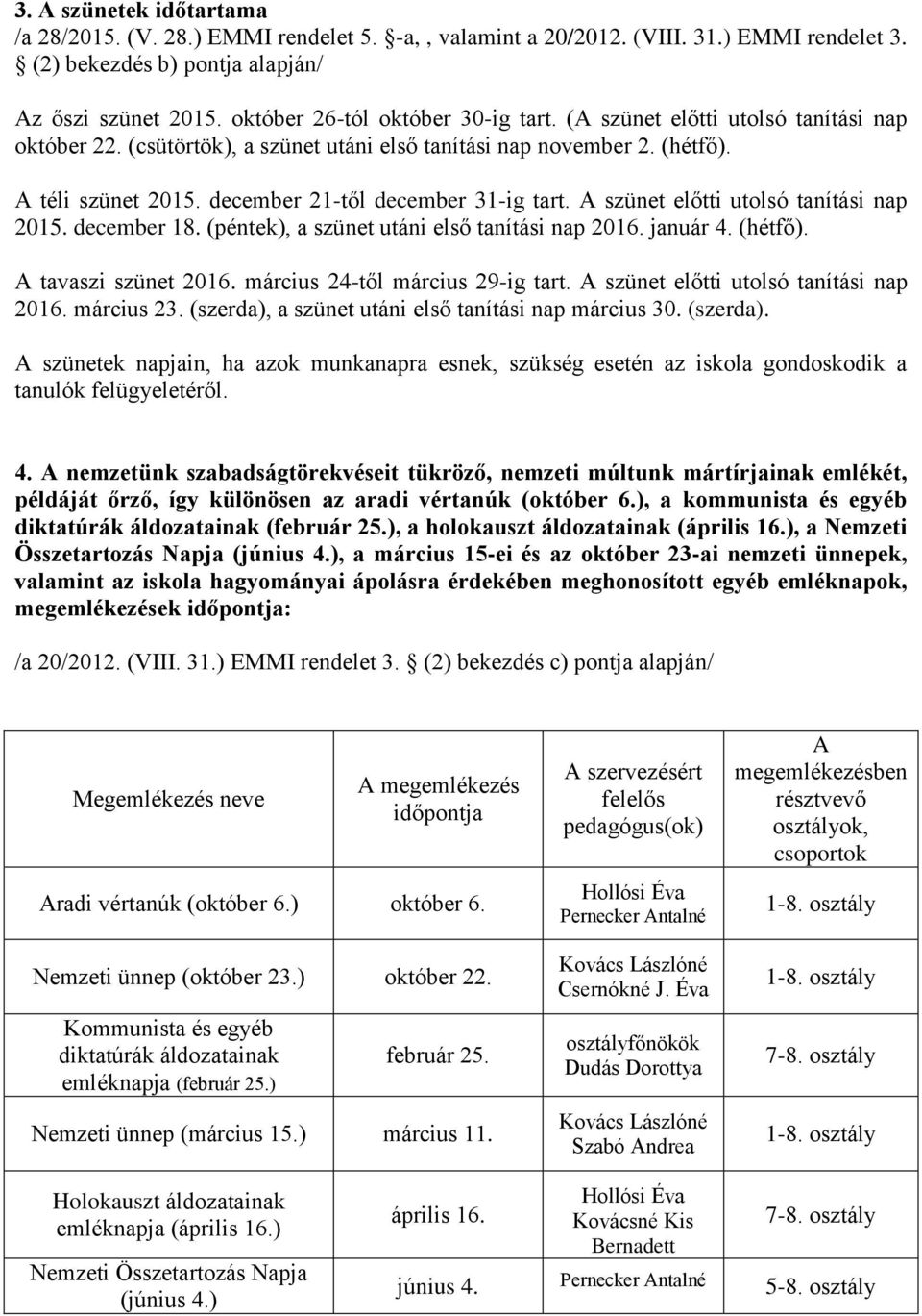 december 21-től december 31-ig tart. A szünet előtti utolsó tanítási nap 2015. december 18. (péntek), a szünet utáni első tanítási nap 2016. január 4. (hétfő). A tavaszi szünet 2016.