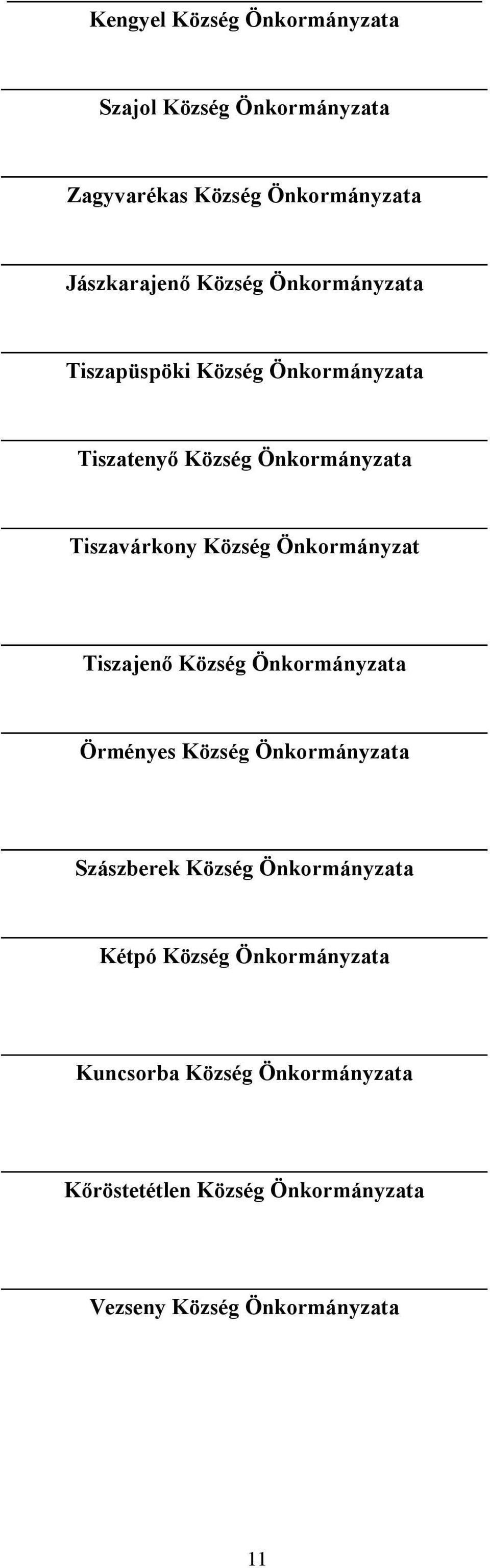 Önkormányzat Tiszajenő Község Önkormányzata Örményes Község Önkormányzata Szászberek Község Önkormányzata