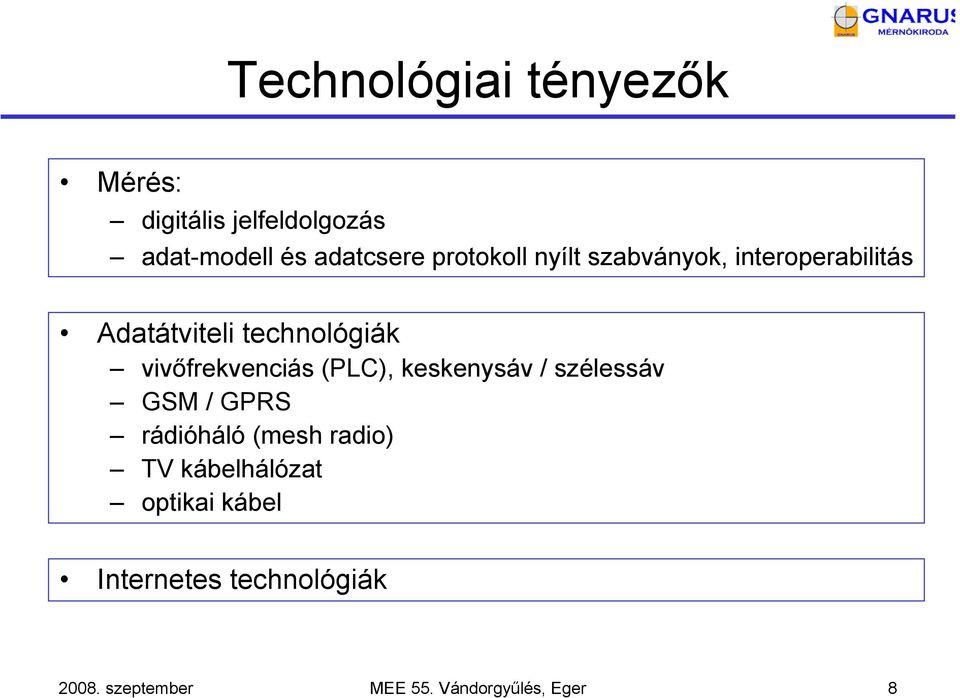 vivőfrekvenciás (PLC), keskenysáv / szélessáv GSM / GPRS rádióháló (mesh radio) TV