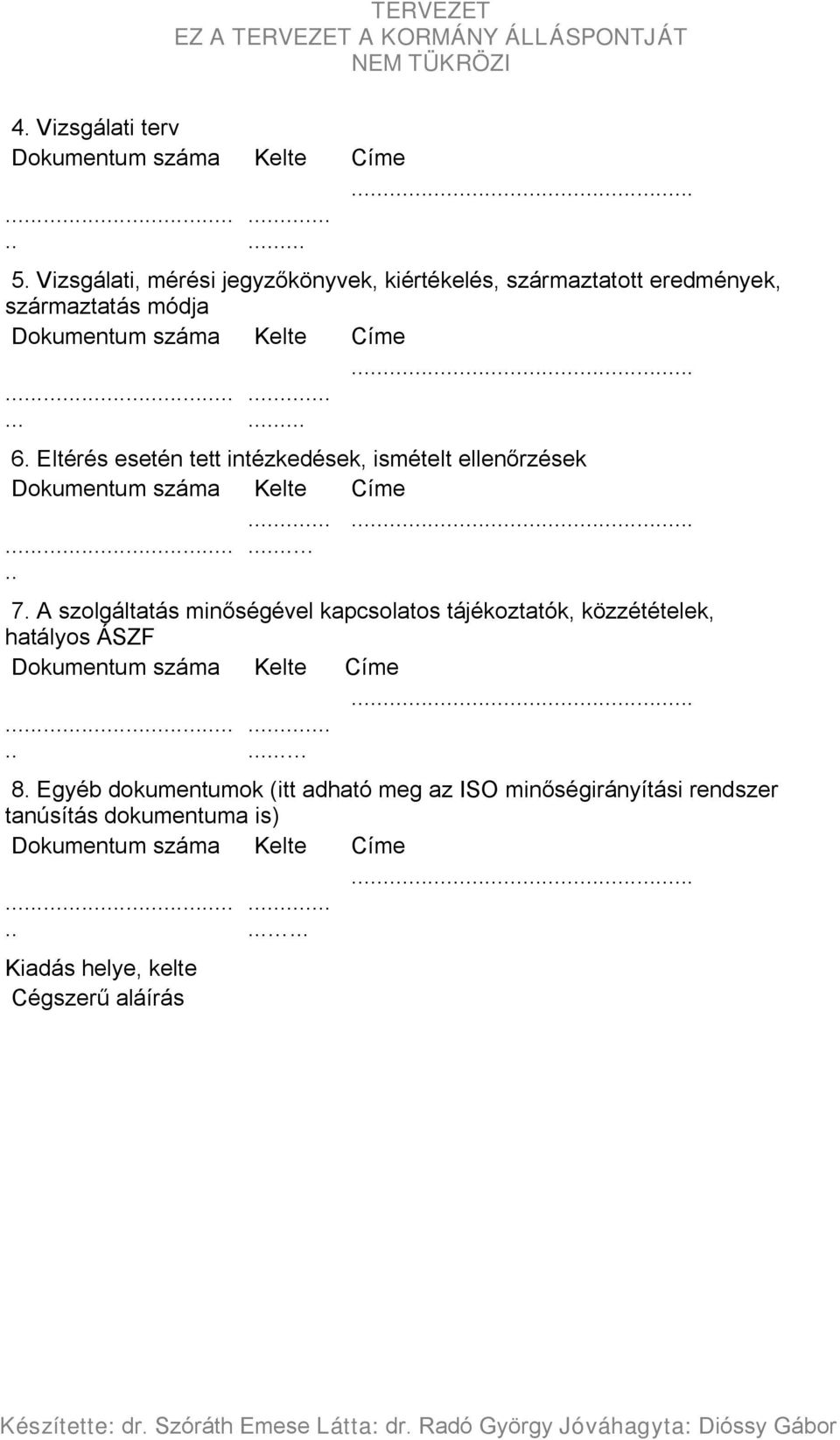 Eltérés esetén tett intézkedések, ismételt ellenőrzések Dokumentum száma Kelte Címe.............. 7.