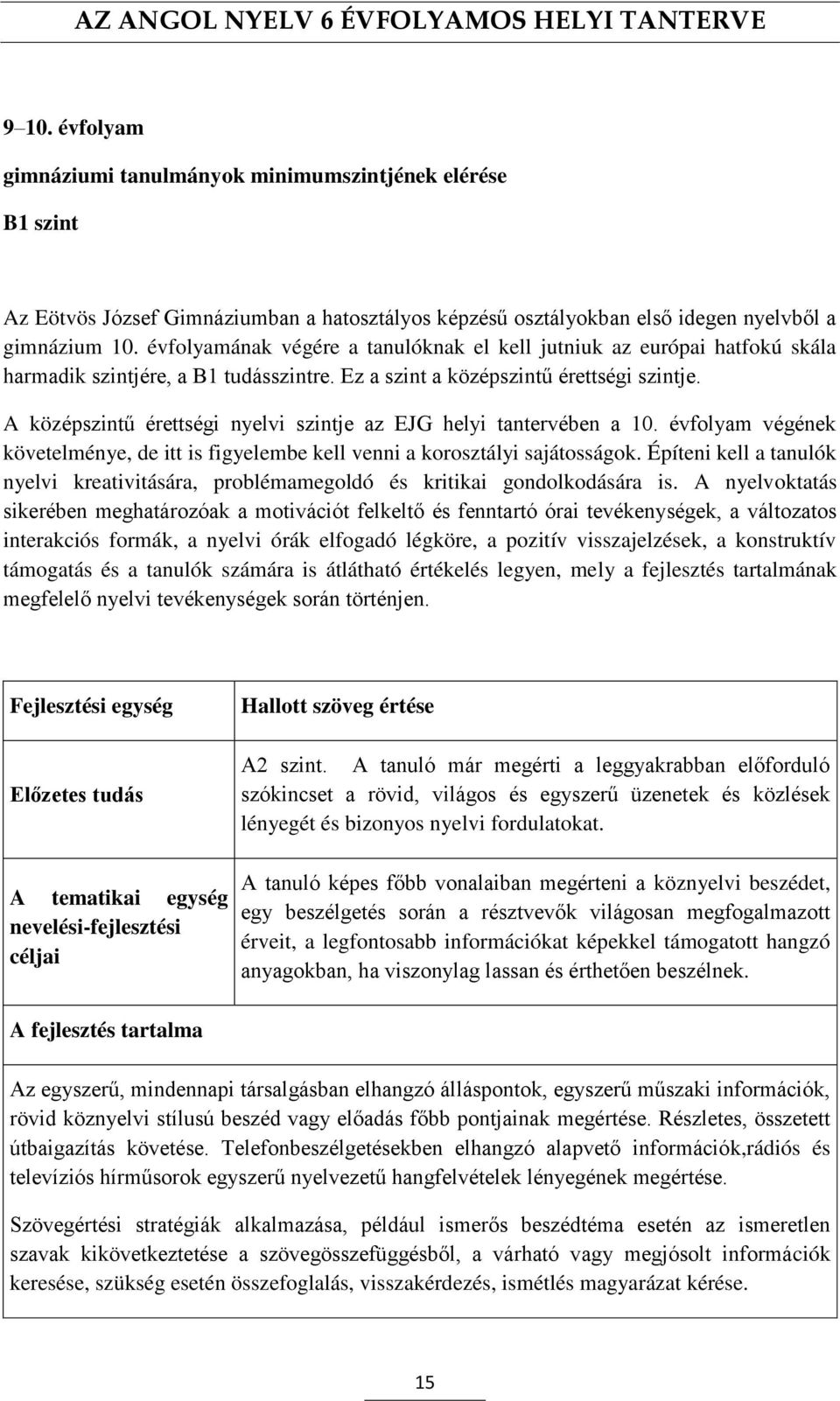 A középszintű érettségi nyelvi szintje az EJG helyi tantervében a 10. évfolyam végének követelménye, de itt is figyelembe kell venni a korosztályi sajátosságok.