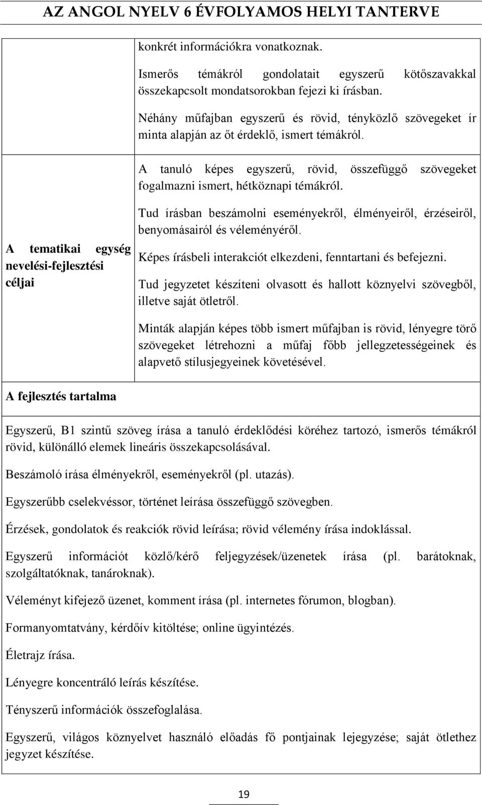 A tematikai egység nevelési-fejlesztési céljai Tud írásban beszámolni eseményekről, élményeiről, érzéseiről, benyomásairól és véleményéről.