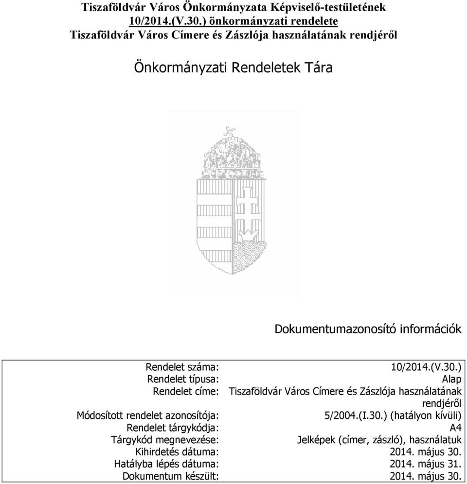 ) Rendelet típusa: Alap Rendelet címe: Tiszaföldvár Város Címere és Zászlója használatának rendjéről Módosított rendelet azonosítója: 5/2004.