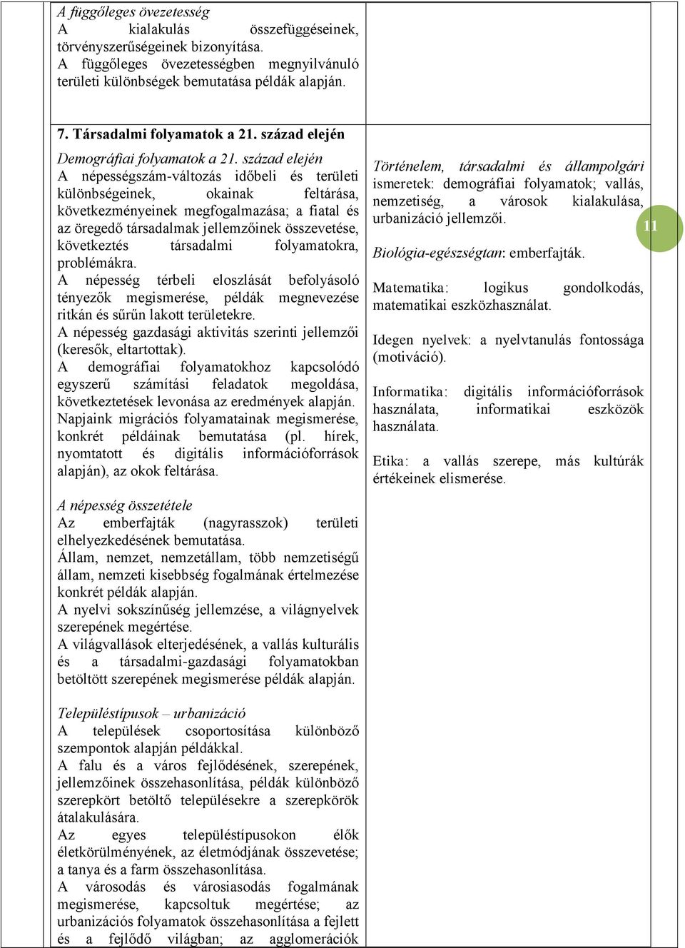 század elején A népességszám-változás időbeli és területi különbségeinek, okainak feltárása, következményeinek megfogalmazása; a fiatal és az öregedő társadalmak jellemzőinek összevetése, következtés