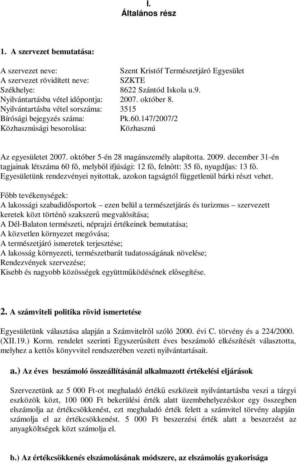 október 5-én 28 magánszemély alapította. 2009. december 31-én tagjainak létszáma 60 fő, melyből ifjúsági: 12 fő, felnőtt: 35 fő, nyugdíjas: 13 fő.