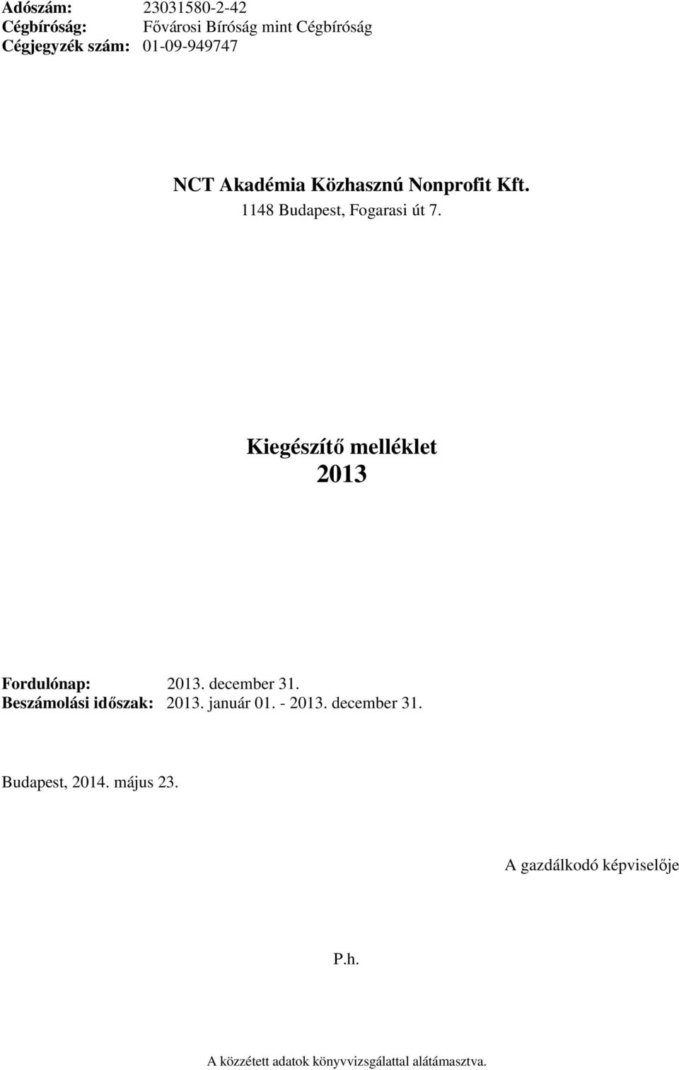 Kiegészítő melléklet 2013 Fordulónap: 2013. december 31. Beszámolási időszak: 2013. január 01.