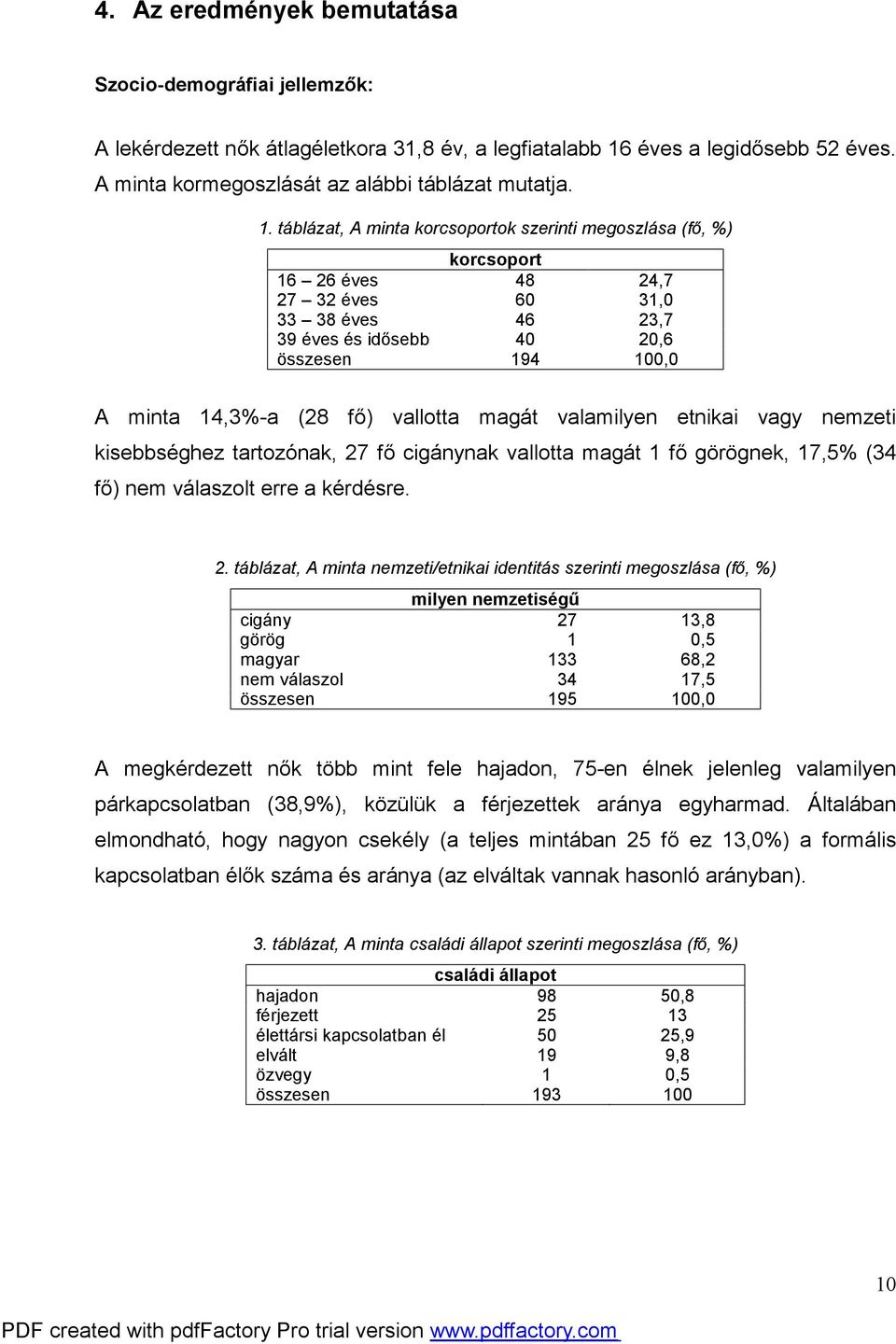 táblázat, A minta korcsoportok szerinti megoszlása (fő, %) korcsoport 16 26 éves 48 24,7 27 32 éves 60 31,0 33 38 éves 46 23,7 39 éves és idősebb 40 20,6 összesen 194 100,0 A minta 14,3%-a (28 fő)