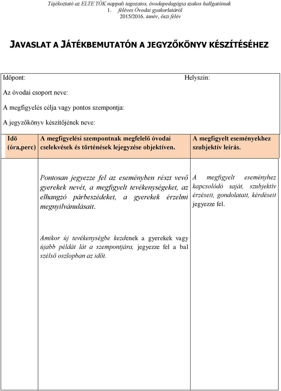 Pontosan jegyezze fel az eseményben részt vevő gyerekek nevét, a megfigyelt tevékenységeket, az elhangzó párbeszédeket, a gyerekek érzelmi megnyilvánulásait.