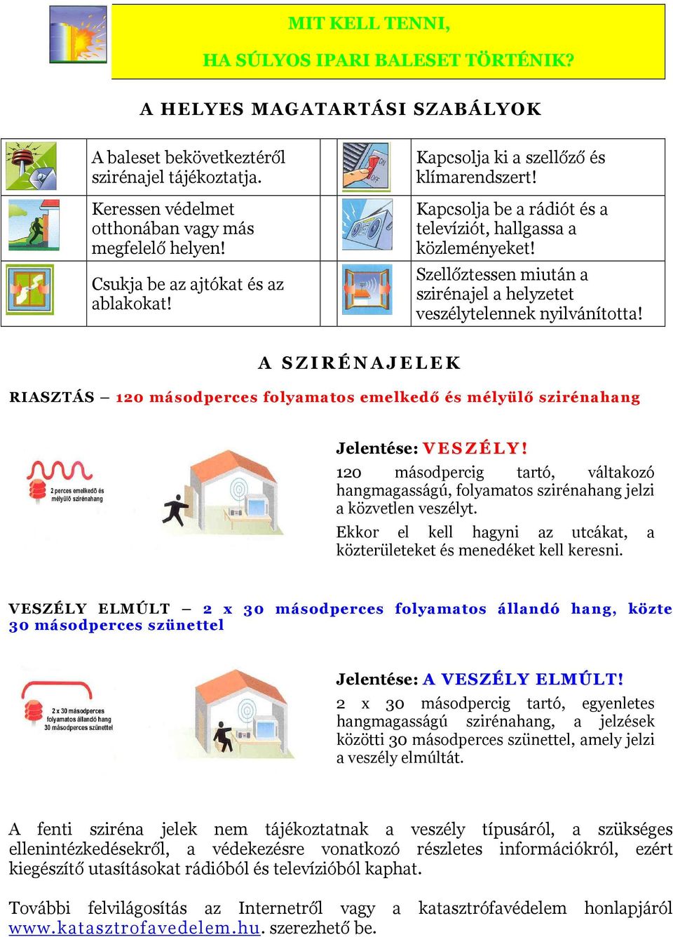 Szellőztessen miután a szirénajel a helyzetet veszélytelennek nyilvánította! A S Z I R É N A J E L E K RIASZTÁS 120 másodperces folyamatos emelkedő és mélyülő szirénahang Jelentése: V E S Z É L Y!