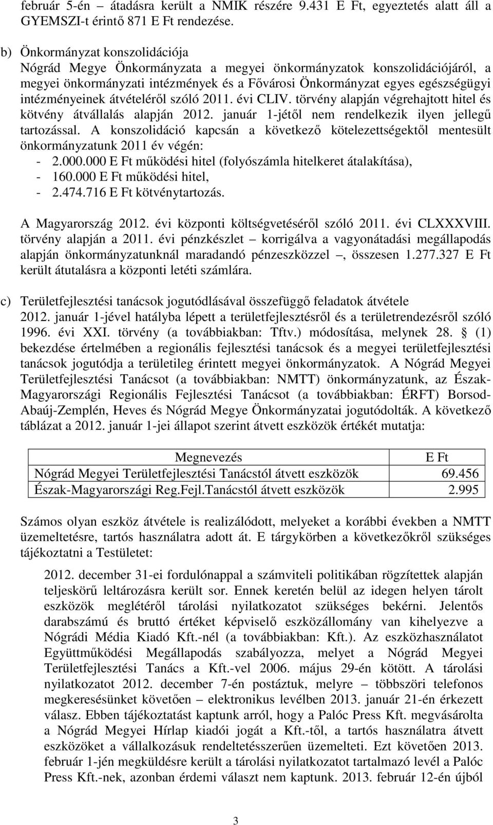 átvételéről szóló 2011. évi CLIV. törvény alapján végrehajtott hitel és kötvény átvállalás alapján 2012. január 1jétől nem rendelkezik ilyen jellegű tartozással.