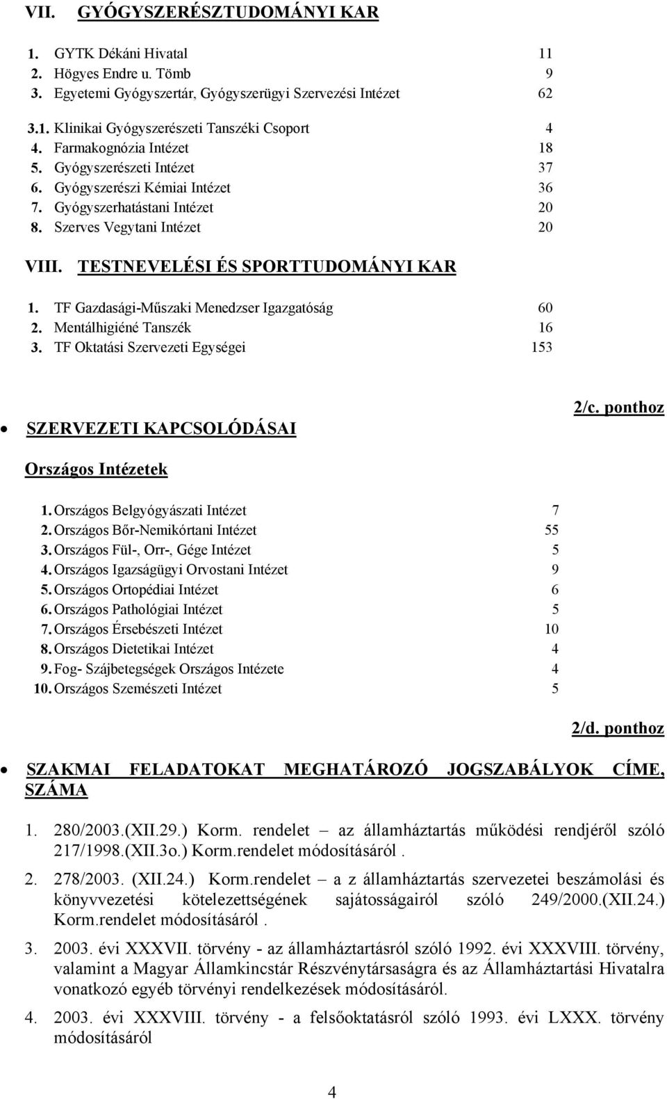 TF Gazdasági-Műszaki Menedzser Igazgatóság 60 2. Mentálhigiéné Tanszék 16 3. TF Oktatási Szervezeti Egységei 153 SZERVEZETI KAPCSOLÓDÁSAI 2/c. ponthoz Országos Intézetek 1.