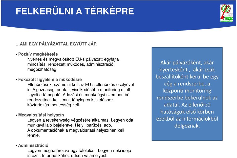 Adózási és munkaügyi szempontból rendezettnek kell lenni, tényleges kifizetéshez köztartozás-mentesség kell. Megvalósítási helyszín Legyen a tevékenység végzésére alkalmas.