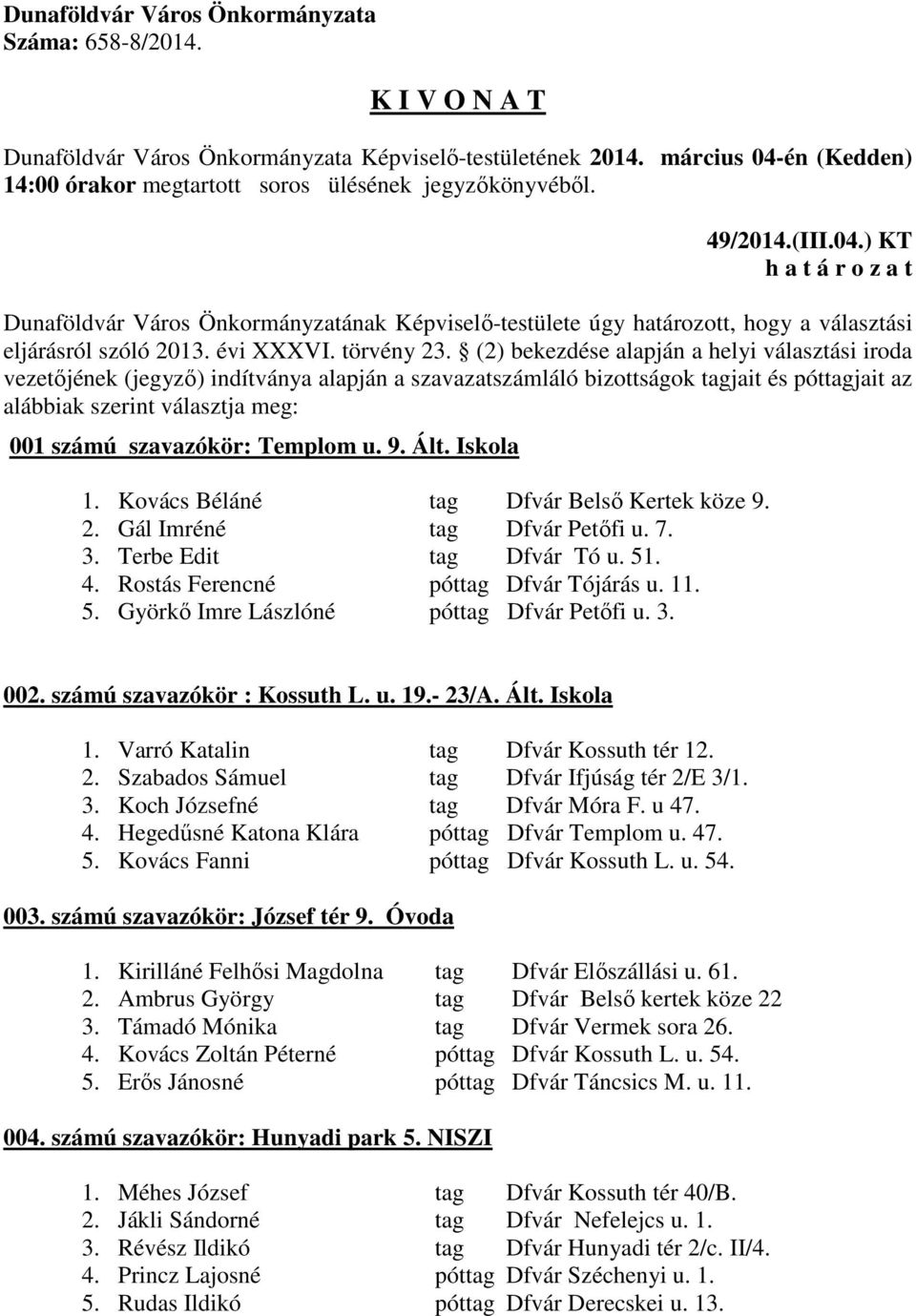 Templom u. 9. Ált. Iskola 1. Kovács Béláné tag Dfvár Belső Kertek köze 9. 2. Gál Imréné tag Dfvár Petőfi u. 7. 3. Terbe Edit tag Dfvár Tó u. 51. 4. Rostás Ferencné póttag Dfvár Tójárás u. 11. 5. Györkő Imre Lászlóné póttag Dfvár Petőfi u.